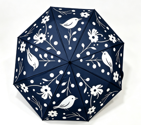 Marine Blau Weiß Vogel Blütendruck Automatisch 3fach Regenschirm UV-dicht Sonnenschirm Regenschirm für Frauen Alltagsreisen Pendeln im Freien