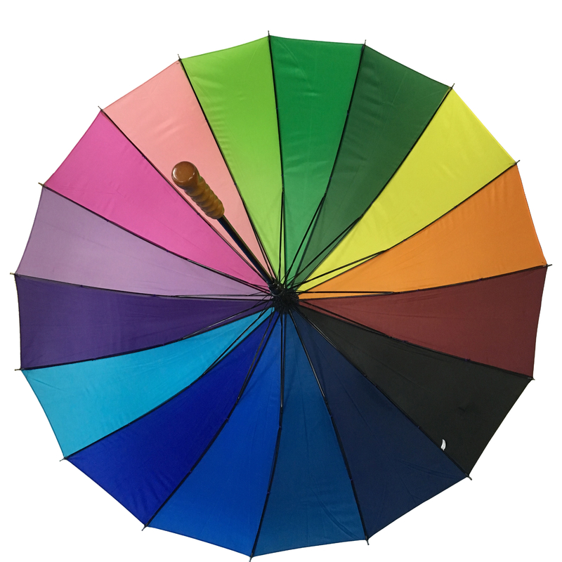 16 Farben Regenbogen Regenschirm Metallachse Holzgriff Pongeeschutz